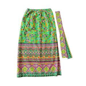 Alice Polynesian Fashions Perma Press Skirt Barkcloth Green Floral 70s Retro S M